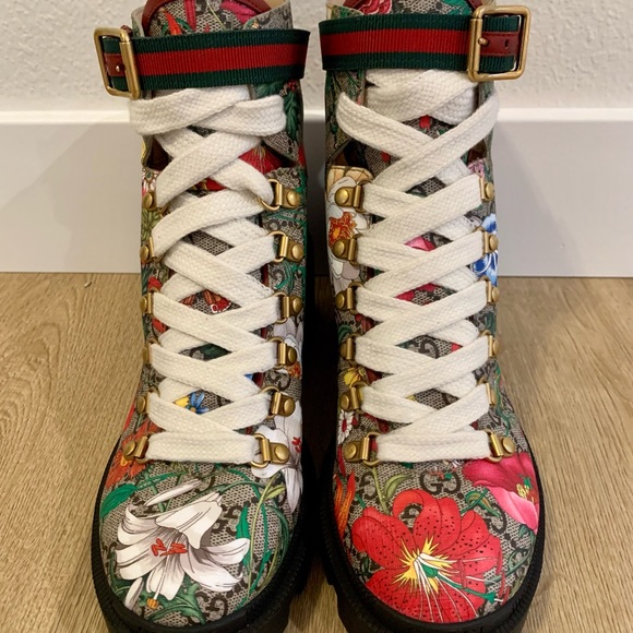 Authentic Gucci Supreme GG Monogram Flora Lace Up Combat Ankle Boots |Sz 38| - Picture 2 of 12